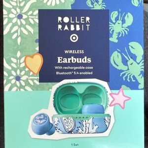 HTF Roller Rabbit AUTHENTIC Earbuds in Teal & Light Blue Patterned Case AUTHE